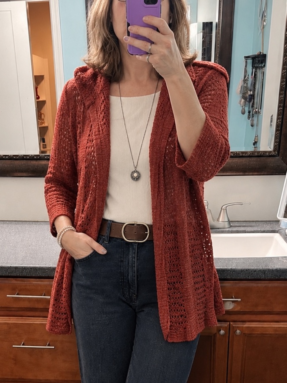 EUC Maurices Open Knit Hooded Cardigan in Rust Red Orange | Size XL